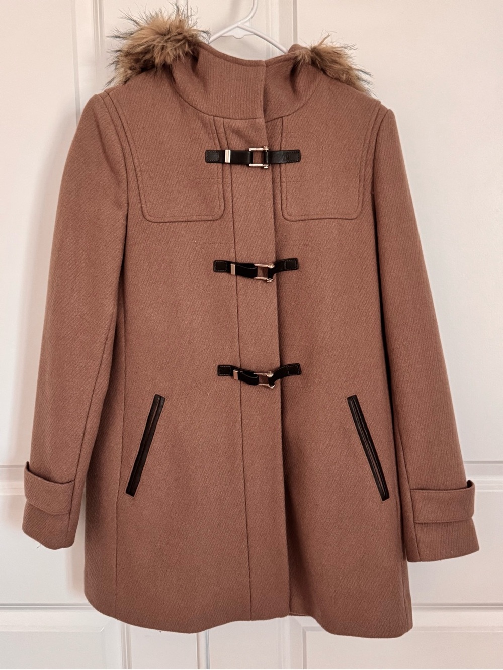Cole Haan Signature Wool Blend Duffle Coat with Faux-Fur Trimmed Hood (Size 2P)
